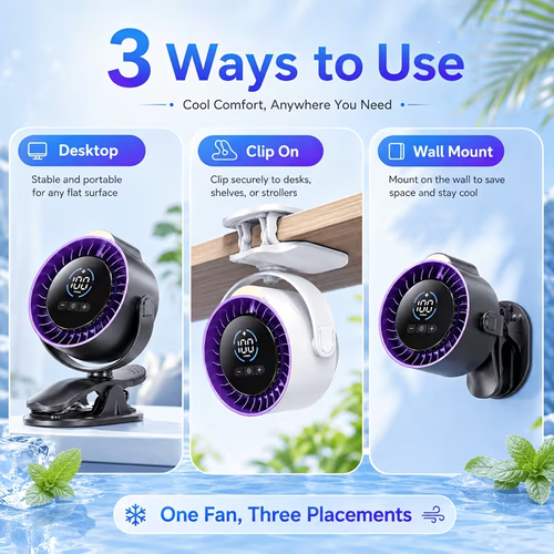 Portable Clip On Fan, 100-Speed Rechargeable USB Fan With LED Display, 360° Rotation & Strong Airflow Desk Fan, Up To 17Hours