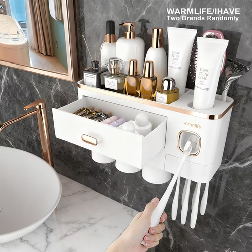 Mounted Toothbrush Holder with Toothpaste Dispenser, 4 Cups with Large Capacity Tray And Cosmetic Drawer, Bathroom Organizers And Storage Supplies