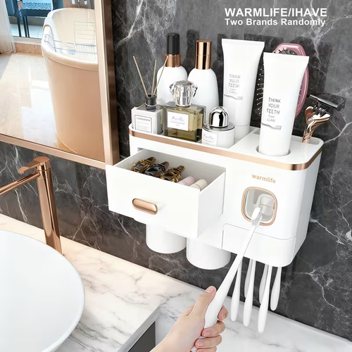Mounted Toothbrush Holder with Toothpaste Dispenser, 4 Cups with Large Capacity Tray And Cosmetic Drawer, Bathroom Organizers And Storage Supplies