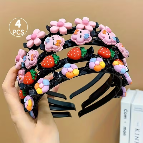 4pcs of Hair Additions, Colorful, Cute, Flower, Strawberry, Braided Hair Band