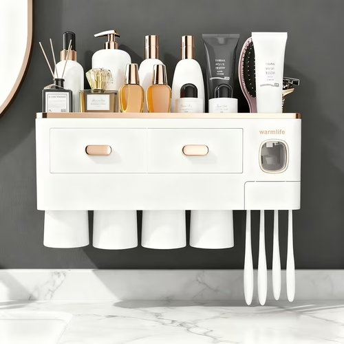 Mounted Toothbrush Holder with Toothpaste Dispenser, 4 Cups with Large Capacity Tray And Cosmetic Drawer, Bathroom Organizers And Storage Supplies