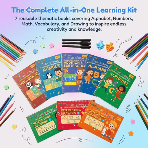 🔥(7 Books And 1 Pen) Magic 3D Grooved Practice Books📚, Reusable, Including Letters, Words, Numbers, And Drawing Exercises, a Fun Learning Activity Book Suitable for Children Aged Three And Above Sold by SY Vista Shop✨