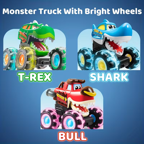 3pcs.JOYIN Toys for Kids 3 Pack Monster Truck Toy Motion Activated Light-Up Cars Press & Go Cars for Boys Girls Baby Toy Present BUMP MONSTER TRUCK SET Ride On Car with LED Lights & Action 51001