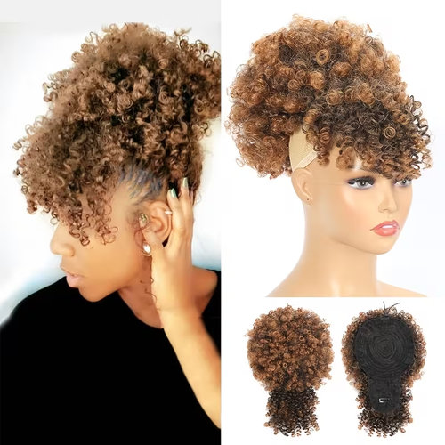 Hairpiece Suitable for Women & Men - Short Voluminous Bun & Pineapple Ponytail Wig with Bangs, Natural Look Hair Extension for Dreadlock Styles, Easy Install Daily Wear for Skin Tones
