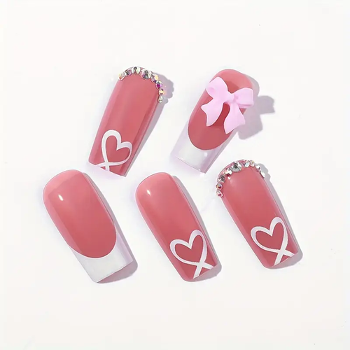 Square Press-On Nails with Heart & Bow Design - Glossy Red & White French Style Fake Nails for Women, Medium Length Reusable Artificial Nails with Tools, Perfect for Parties, Weddings, Daily Wear, Party Accessories