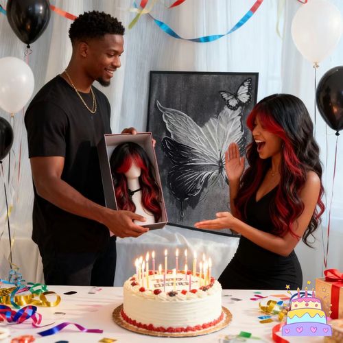 Long Wavy Ombre Red-Black Wig with Bangs