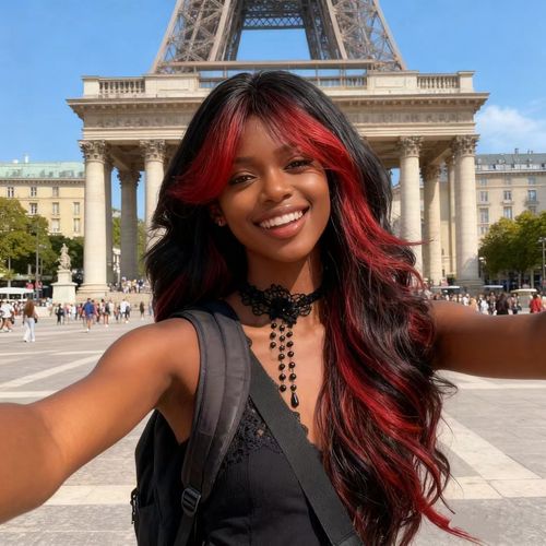 Long Wavy Ombre Red-Black Wig with Bangs