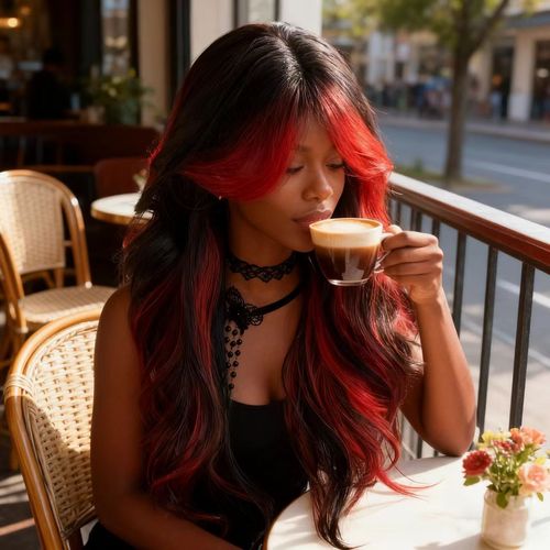 Long Wavy Ombre Red-Black Wig with Bangs