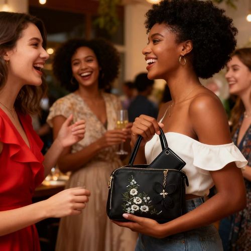 Black Floral Embroidered Handbag with Matching Wallet Set