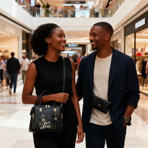 Black Floral Embroidered Handbag with Matching Wallet Set