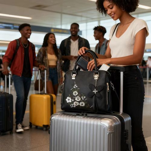 Black Floral Embroidered Handbag with Matching Wallet Set