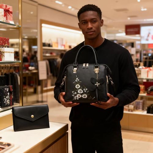 Black Floral Embroidered Handbag with Matching Wallet Set