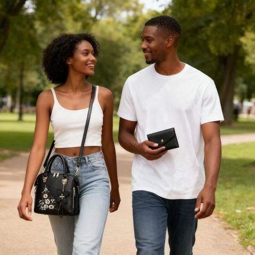 Black Floral Embroidered Handbag with Matching Wallet Set