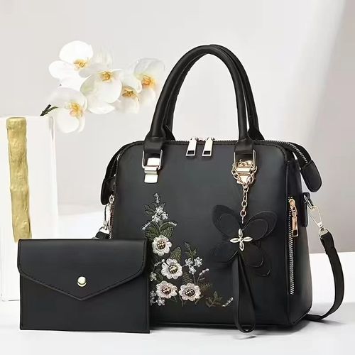 Black Floral Embroidered Handbag with Matching Wallet Set