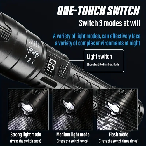 Rechargeable LED Torches, Compact Design with Adjustable Zoom And Battery Level Display, Featuring Three Lighting Options Suitable for Outdoor Activities, Camping, Work, And Emergency Situations.