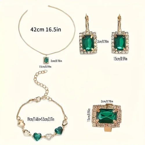5pcs Elegant Women'S Jewelry Set - Classic Green & Golden Quartz Wrist Watch, Non- Round Alloy Case, Party Style, Non-Rechargeable Button Battery