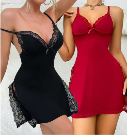 🔥Buy 1 get 3 free🔥💕Lace Trim Slit Bowknot Decor Sleep Dress