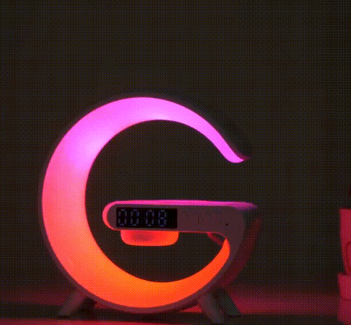 👍Multifunktionaler Bluetooth-Lautsprecher - Buntes Atmosphärenlicht, kabelloses Laden und Uhr, All-in-One-Gerät