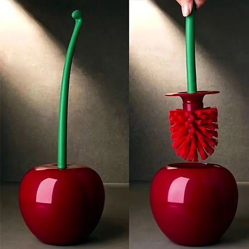 1pc Novelty Cherry-Shaped Toilet Brush with Holder, Creative Plastic Bathroom Accessory, Reusable Freestanding Toilet Brush with Multiple Components🍒