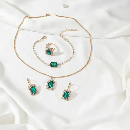 5pcs Elegant Women'S Jewelry Set - Classic Green & Golden Quartz Wrist Watch, Non- Round Alloy Case, Party Style, Non-Rechargeable Button Battery