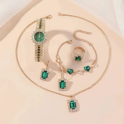 5pcs Elegant Women'S Jewelry Set - Classic Green & Golden Quartz Wrist Watch, Non- Round Alloy Case, Party Style, Non-Rechargeable Button Battery