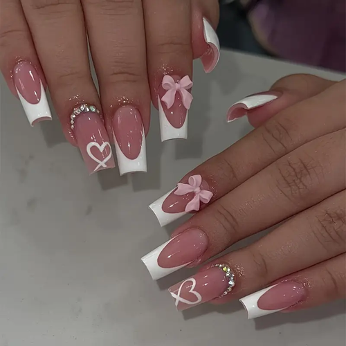 Square Press-On Nails with Heart & Bow Design - Glossy Red & White French Style Fake Nails for Women, Medium Length Reusable Artificial Nails with Tools, Perfect for Parties, Weddings, Daily Wear, Party Accessories