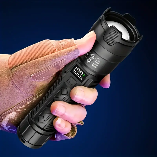 Rechargeable LED Torches, Compact Design with Adjustable Zoom And Battery Level Display, Featuring Three Lighting Options Suitable for Outdoor Activities, Camping, Work, And Emergency Situations.