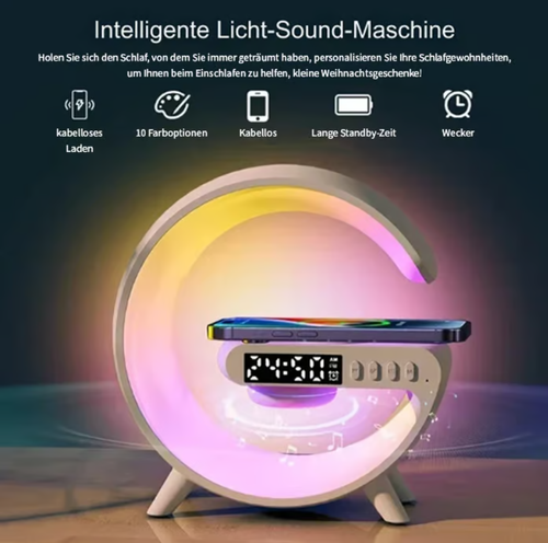 👍Multifunktionaler Bluetooth-Lautsprecher - Buntes Atmosphärenlicht, kabelloses Laden und Uhr, All-in-One-Gerät