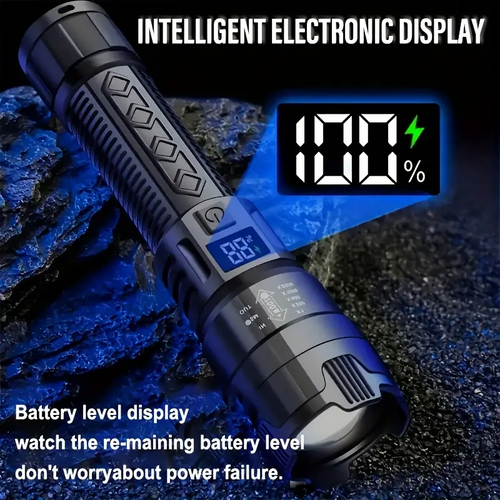 Rechargeable LED Torches, Compact Design with Adjustable Zoom And Battery Level Display, Featuring Three Lighting Options Suitable for Outdoor Activities, Camping, Work, And Emergency Situations.