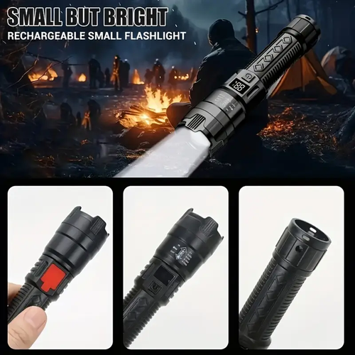 Rechargeable LED Torches, Compact Design with Adjustable Zoom And Battery Level Display, Featuring Three Lighting Options Suitable for Outdoor Activities, Camping, Work, And Emergency Situations.