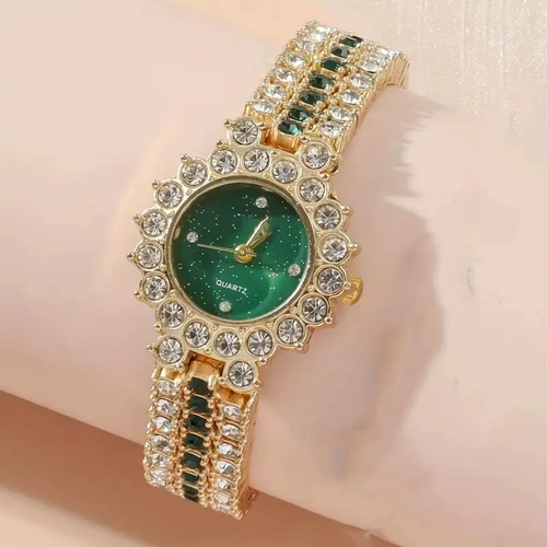 5pcs Elegant Women'S Jewelry Set - Classic Green & Golden Quartz Wrist Watch, Non- Round Alloy Case, Party Style, Non-Rechargeable Button Battery