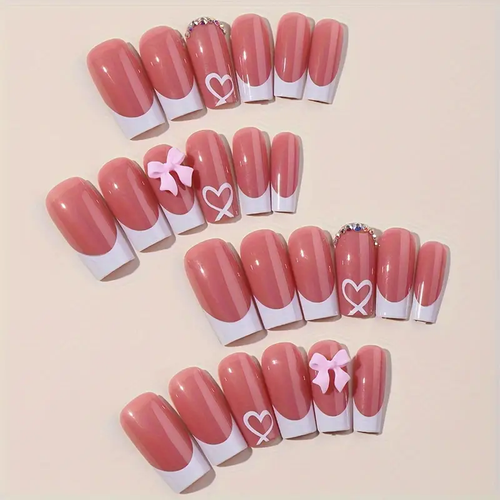 Square Press-On Nails with Heart & Bow Design - Glossy Red & White French Style Fake Nails for Women, Medium Length Reusable Artificial Nails with Tools, Perfect for Parties, Weddings, Daily Wear, Party Accessories