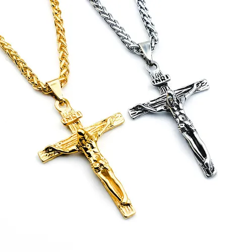 Hip Hop Jewelry 18K Gold Plated Religious Cross Necklace Jesus Pendant Jewelry Chain for Men and Women(2 pieces Gold+Sliver)