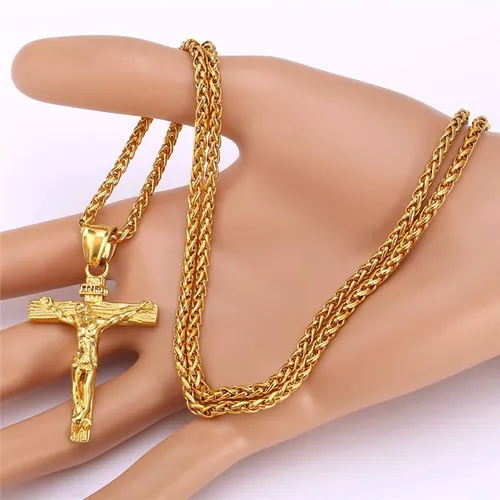 Hip Hop Jewelry 18K Gold Plated Religious Cross Necklace Jesus Pendant Jewelry Chain for Men and Women(2 pieces Gold+Sliver)