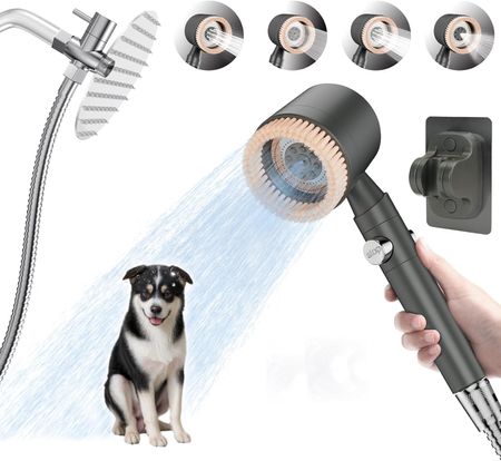 Dog Shower Head Attachment with Brush  5 Spray Modes, ON-OFF Switch & Hose