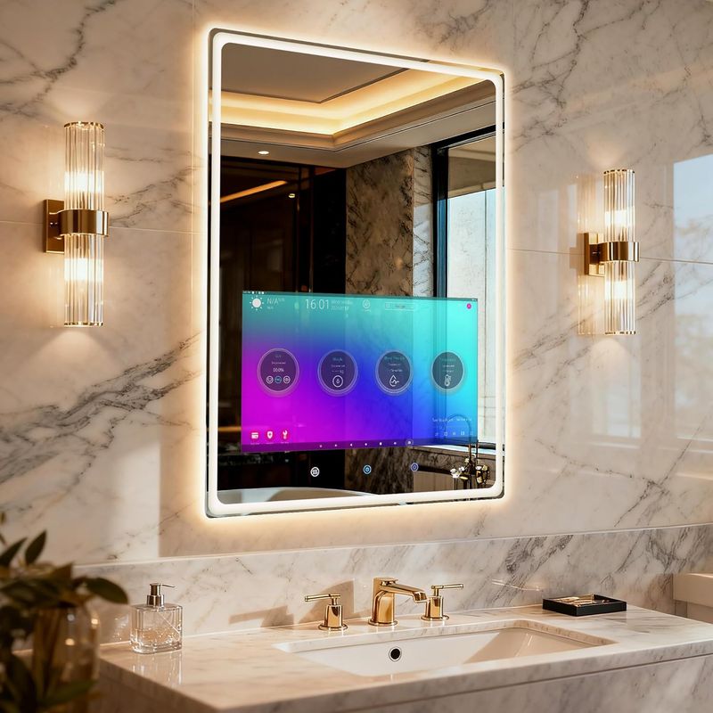 Youryoke Smart Bathroom Mirror  Waterproof Touchscreen TV  Android OS  WiFi Bluetooth HDMI  Anti-Fog  3-Color LED Lights for Bathroom