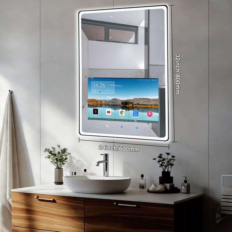Youryoke Smart Bathroom Mirror  Waterproof Touchscreen TV  Android OS  WiFi Bluetooth HDMI  Anti-Fog  3-Color LED Lights for Bathroom