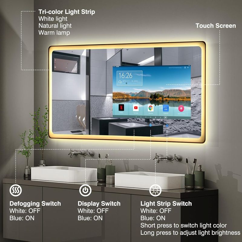 Youryoke Smart Bathroom Mirror  Waterproof Touchscreen TV  Android OS  WiFi Bluetooth HDMI  Anti-Fog  3-Color LED Lights for Bathroom