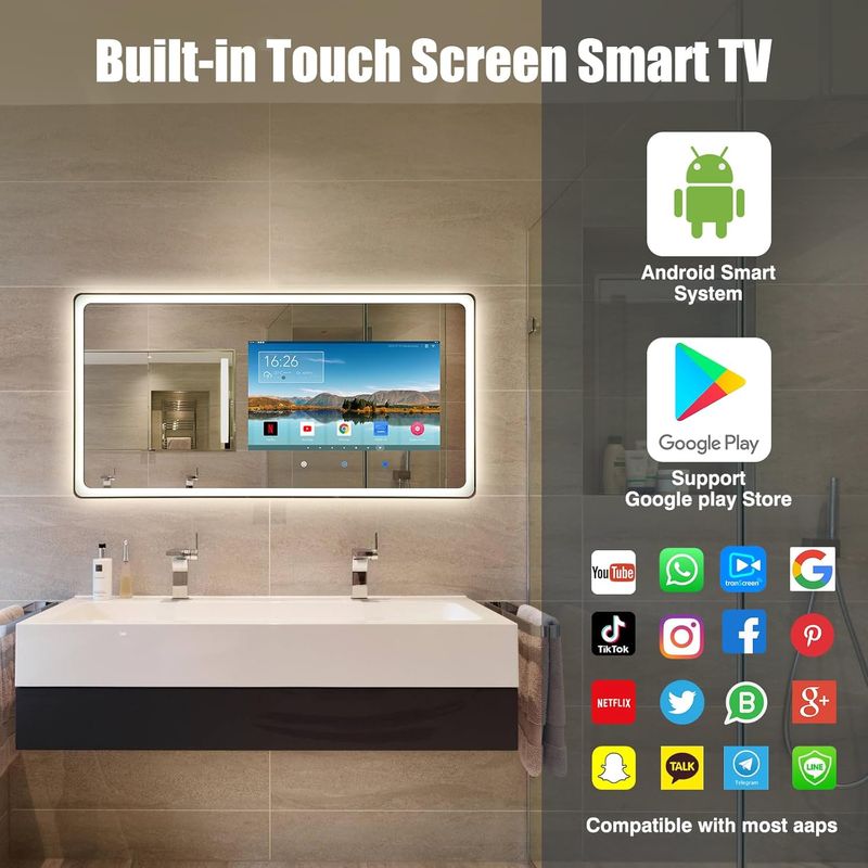 Youryoke Smart Bathroom Mirror  Waterproof Touchscreen TV  Android OS  WiFi Bluetooth HDMI  Anti-Fog  3-Color LED Lights for Bathroom
