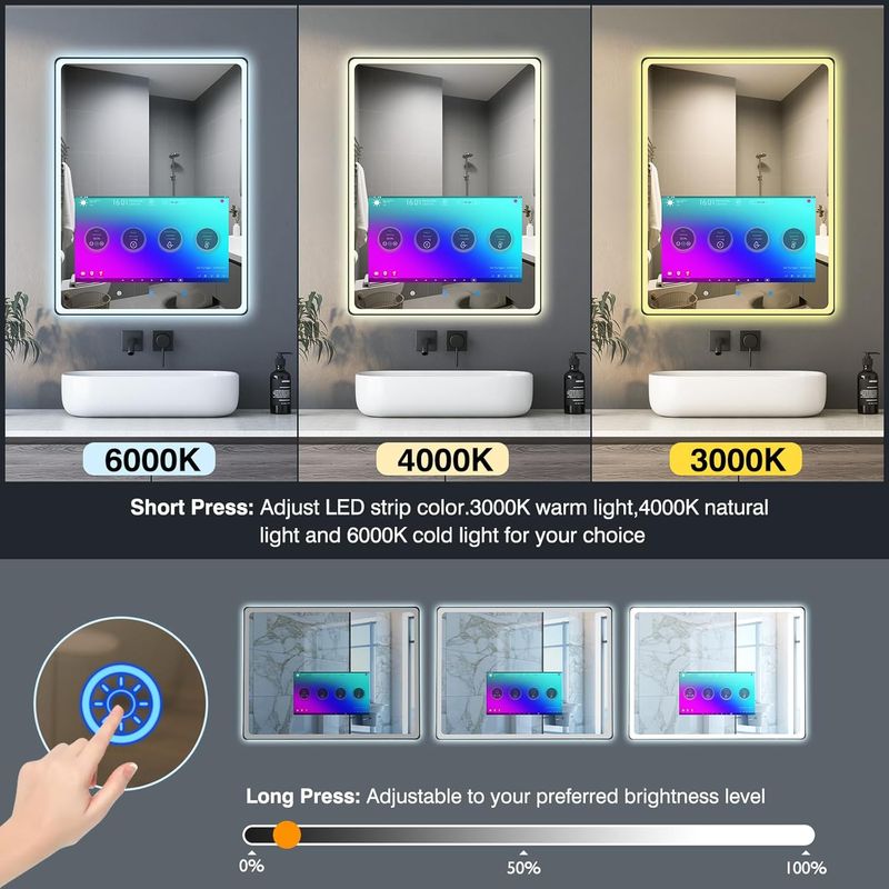 Youryoke Smart Bathroom Mirror  Waterproof Touchscreen TV  Android OS  WiFi Bluetooth HDMI  Anti-Fog  3-Color LED Lights for Bathroom