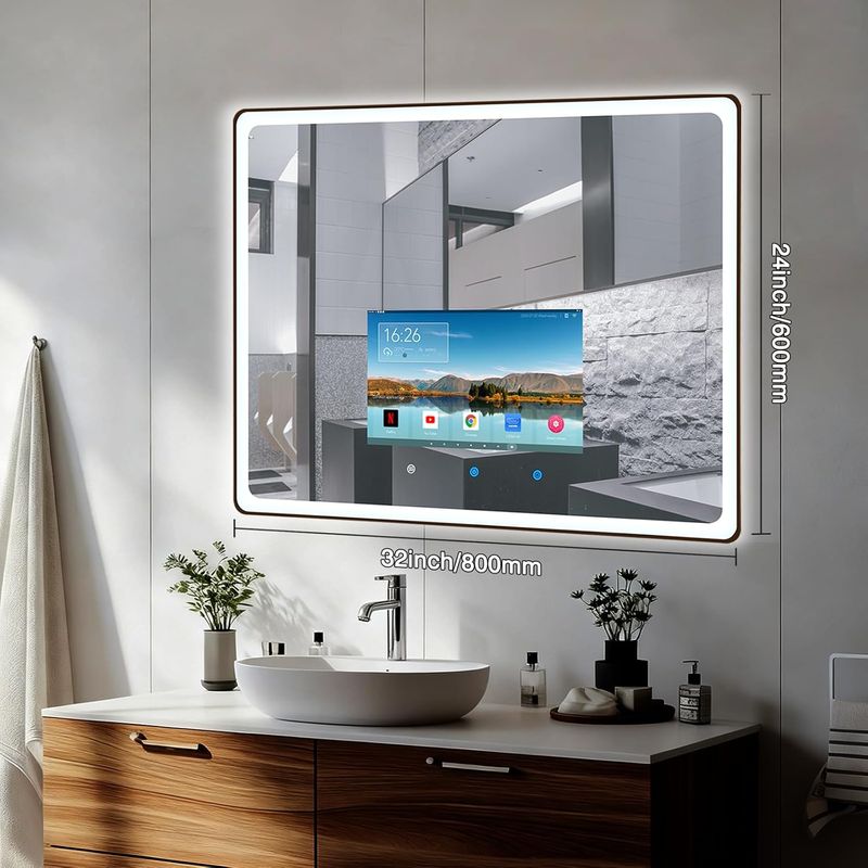 Youryoke Smart Bathroom Mirror  Waterproof Touchscreen TV  Android OS  WiFi Bluetooth HDMI  Anti-Fog  3-Color LED Lights for Bathroom