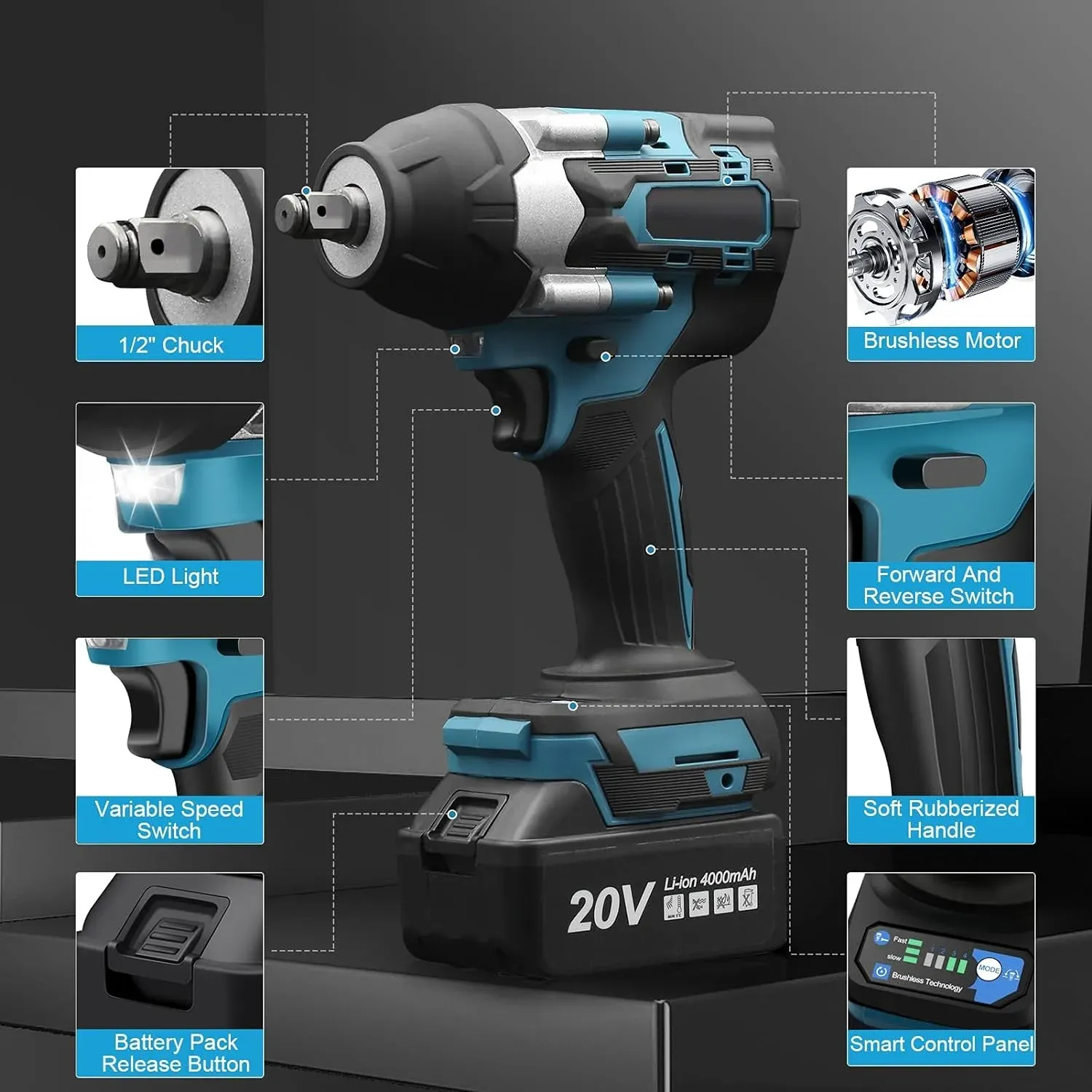 🔥Cordless impact wrench, 1·2-inch brushless 20V impact gun 443 ft lb (600 nm)