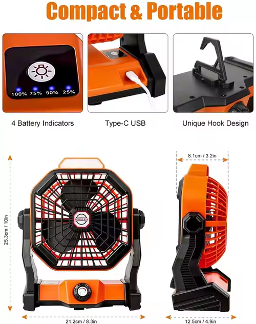 💨8-inch Portable Cordless Rechargeable Fan Outdoor Camping Cooling Fan