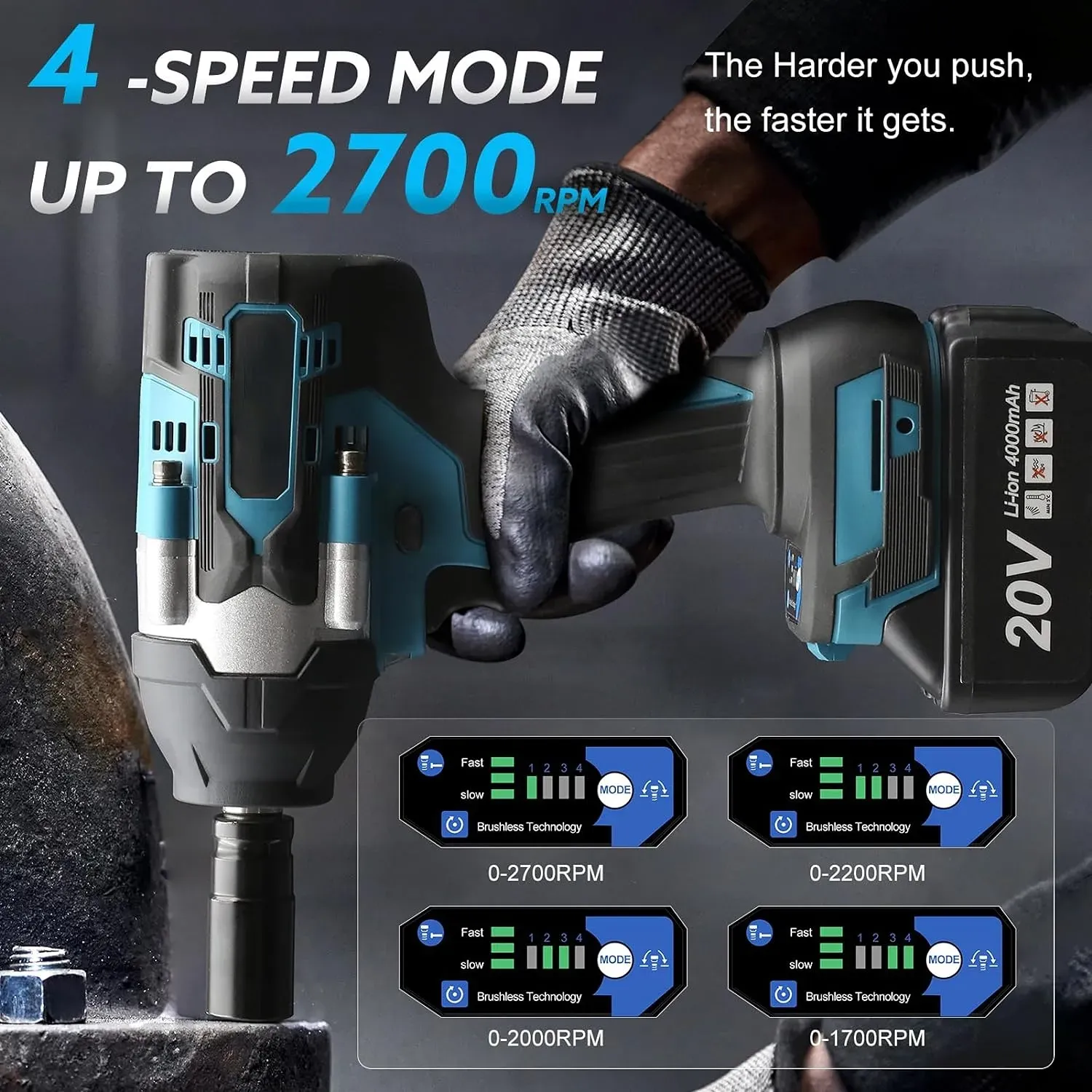 🔥Cordless impact wrench, 1·2-inch brushless 20V impact gun 443 ft lb (600 nm)