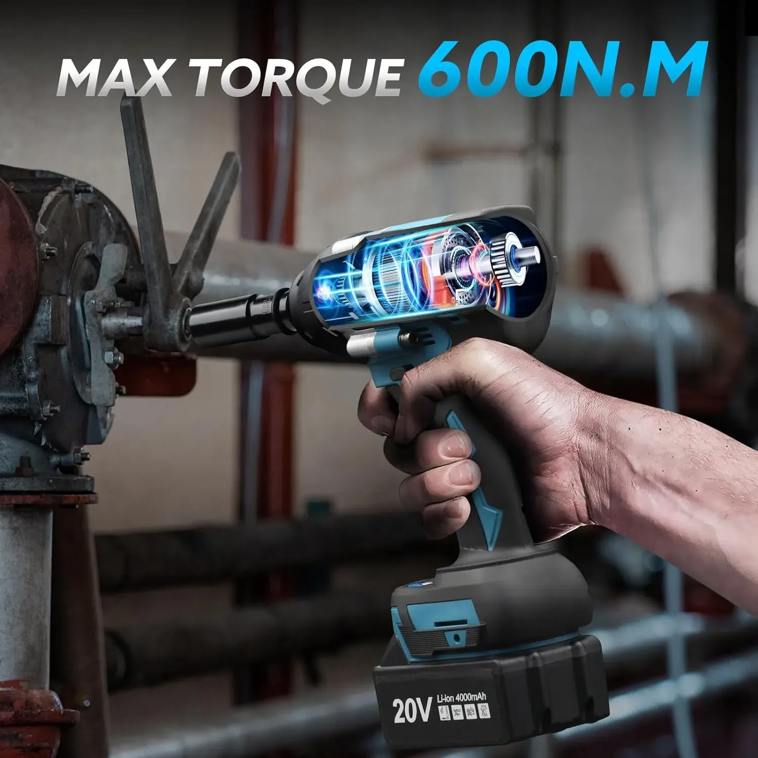 🔥Cordless impact wrench, 1·2-inch brushless 20V impact gun 443 ft lb (600 nm)