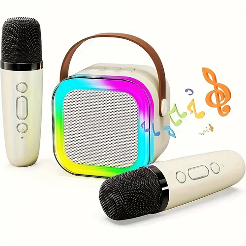 ⭐Compact karaoke device with two wireless microphones and mobile speakers with LED lighting