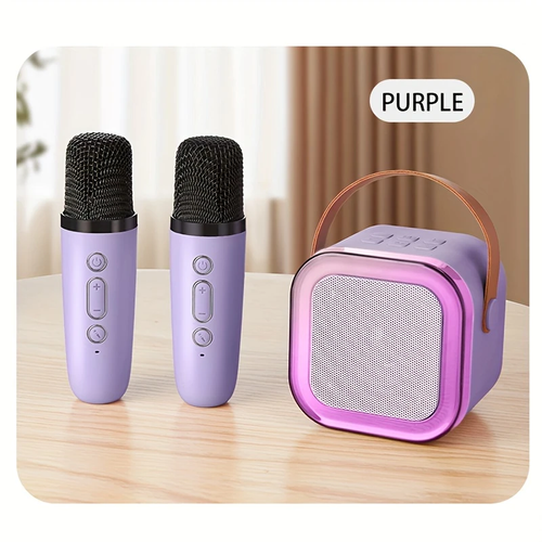 ⭐Compact karaoke device with two wireless microphones and mobile speakers with LED lighting