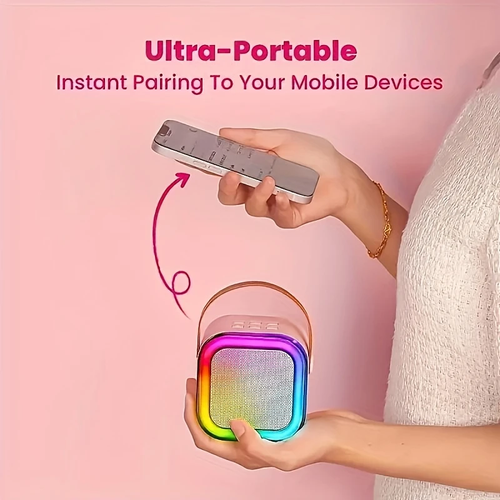 ⭐Compact karaoke device with two wireless microphones and mobile speakers with LED lighting