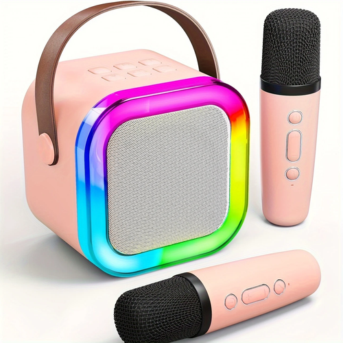⭐Compact karaoke device with two wireless microphones and mobile speakers with LED lighting