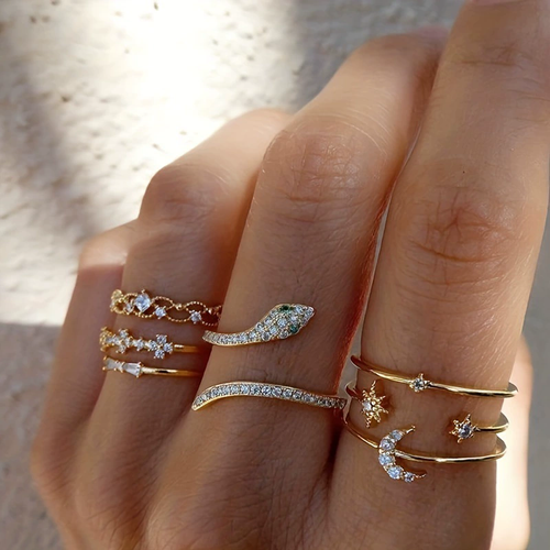 ⭐Star-moon Ring Love Leaf Geometry 10-piece ring set Creative retro women's articulated ring set